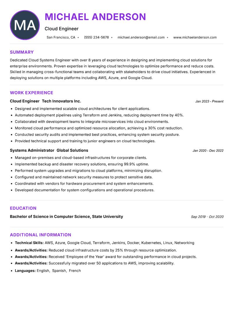 Cloud Systems Engineer Resume Preview Example
