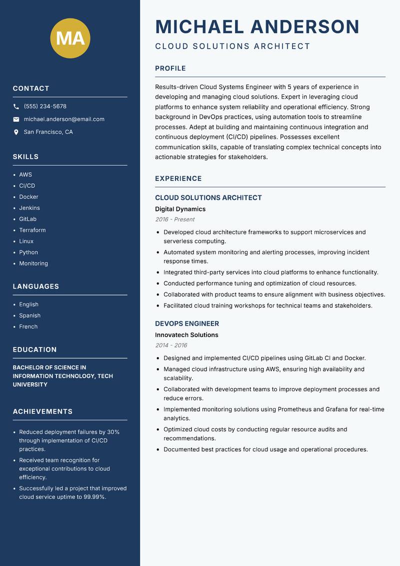 Cloud Systems Engineer Resume Preview Example