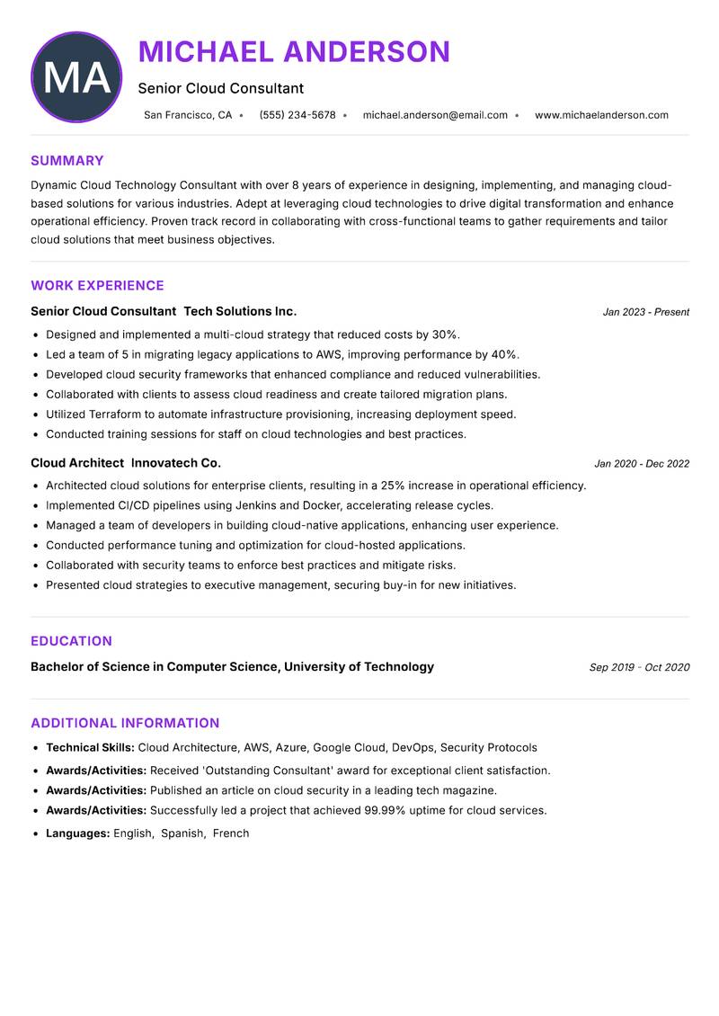 Cloud Technology Consultant Resume Preview Example