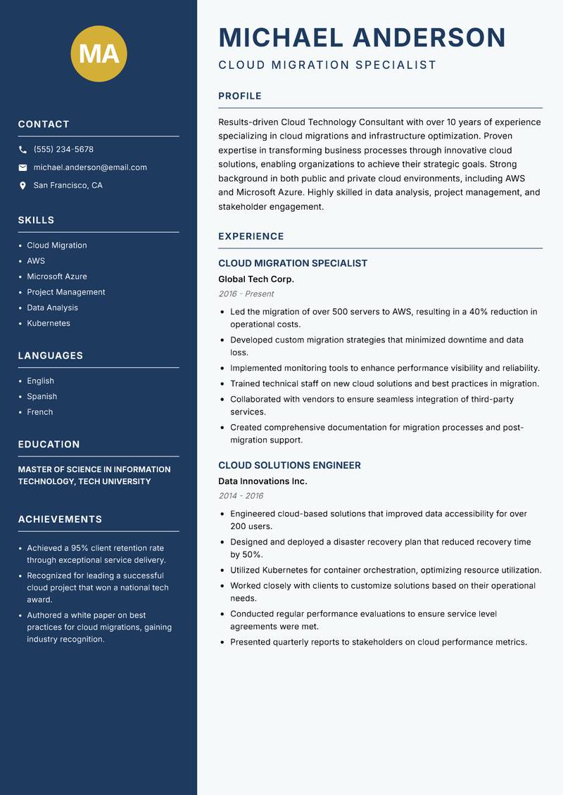 Cloud Technology Consultant Resume Preview Example