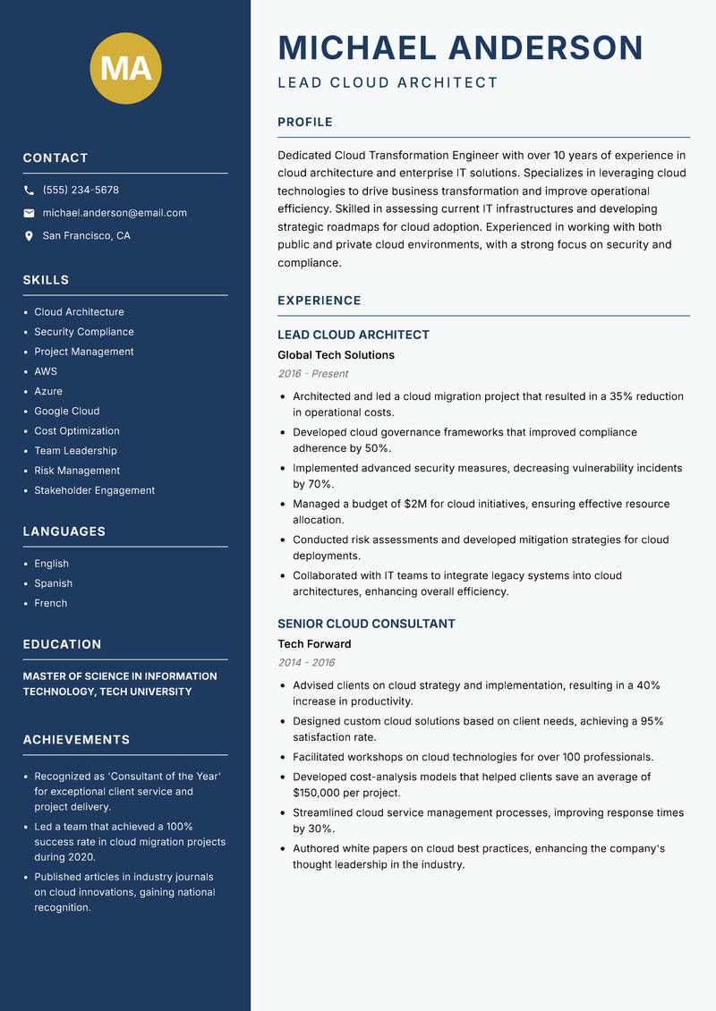 Cloud Transformation Engineer Resume Preview Example