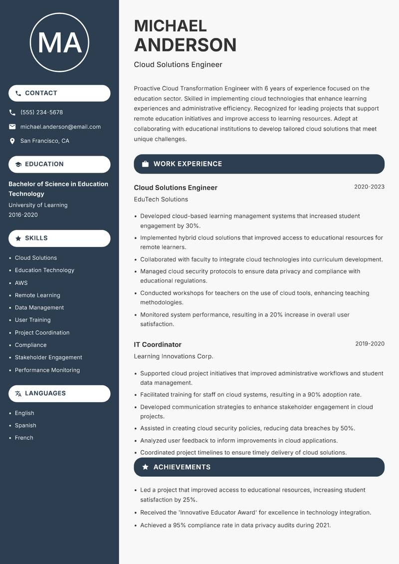 Cloud Transformation Engineer Resume Preview Example
