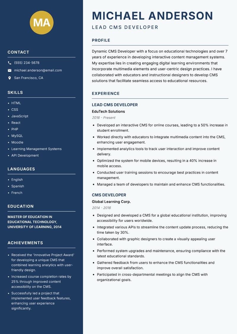 CMS Developer Resume Preview Example