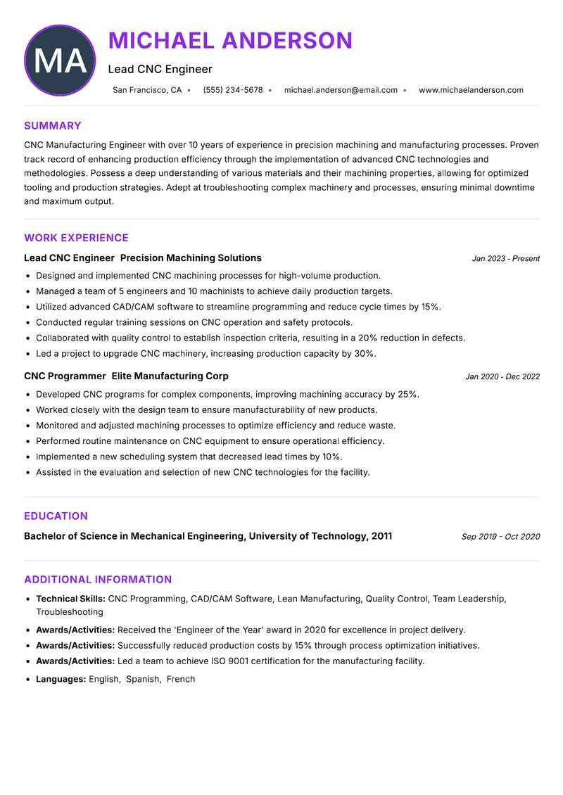 CNC Manufacturing Engineer Resume Preview Example