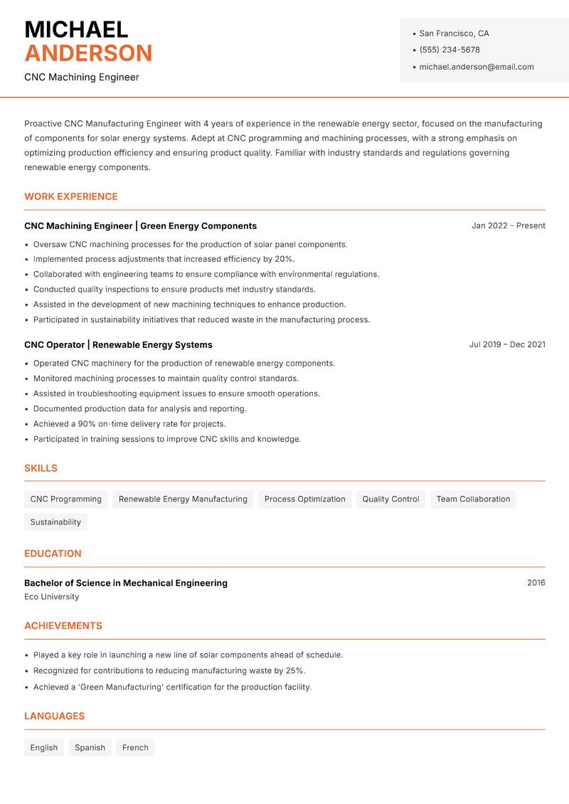 CNC Manufacturing Engineer Resume Template