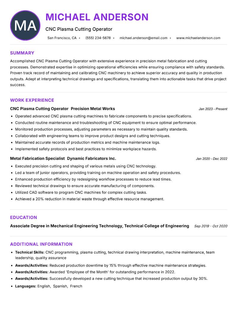 CNC Plasma Cutting Operator Resume Preview Example