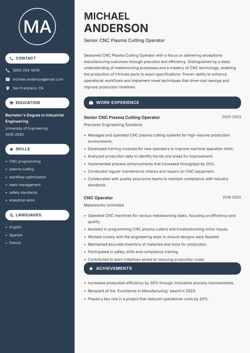 CNC Plasma Cutting Operator Resume Preview Example