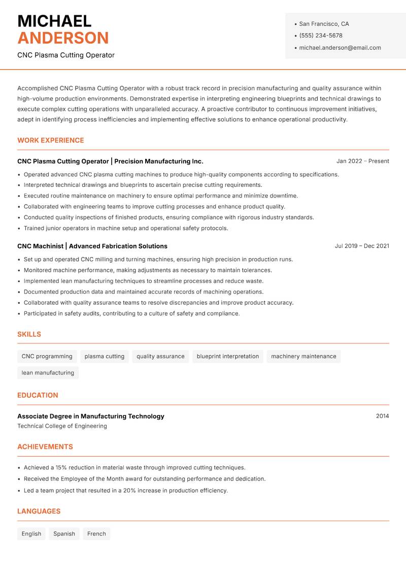 CNC Plasma Cutting Operator Resume Template
