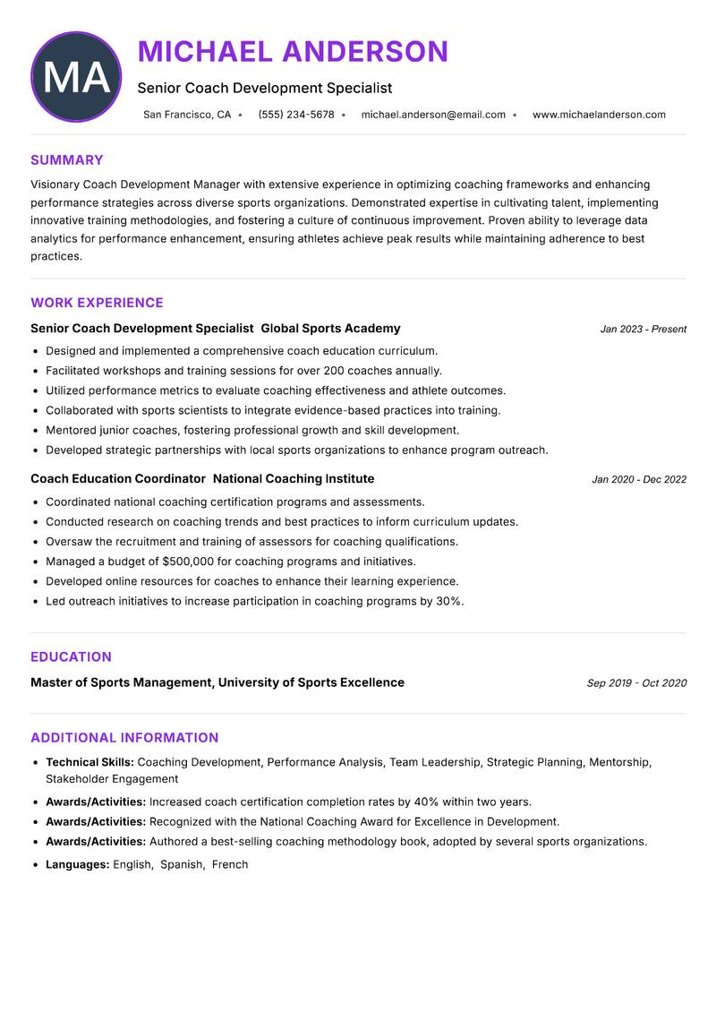 Coach Development Manager Resume Preview Example