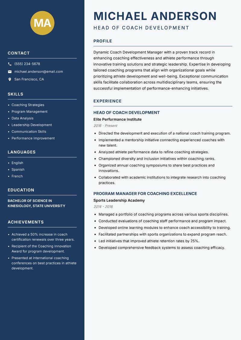 Coach Development Manager Resume Preview Example