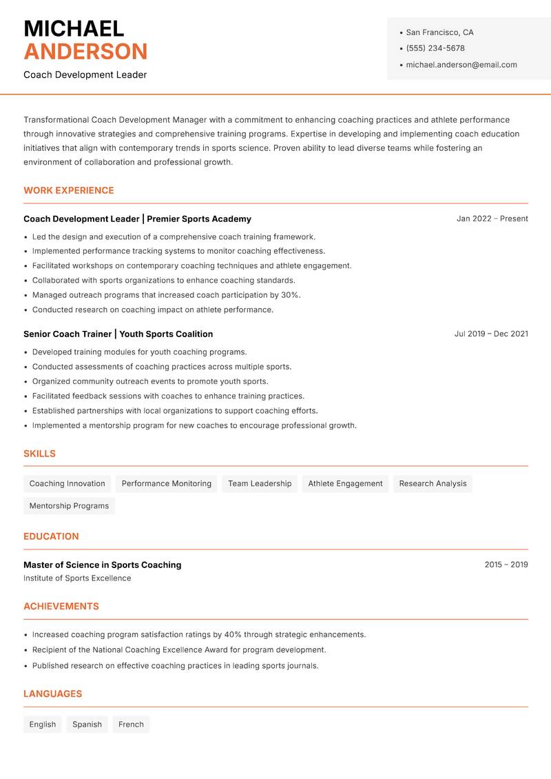 Coach Development Manager Resume Template