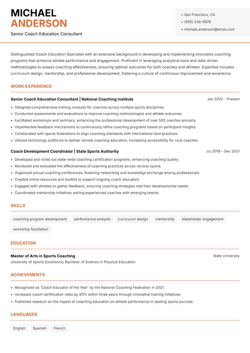 Coach Education Specialist Resume Template