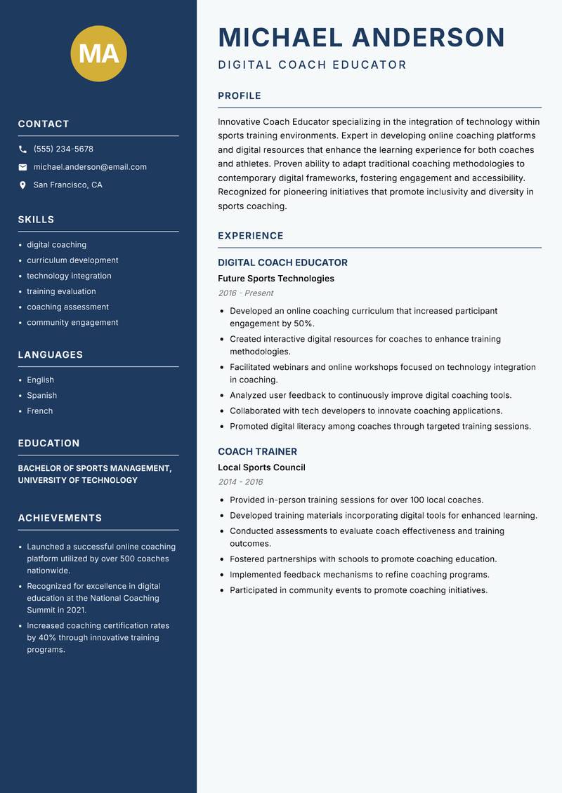 Coach Educator Resume Preview Example