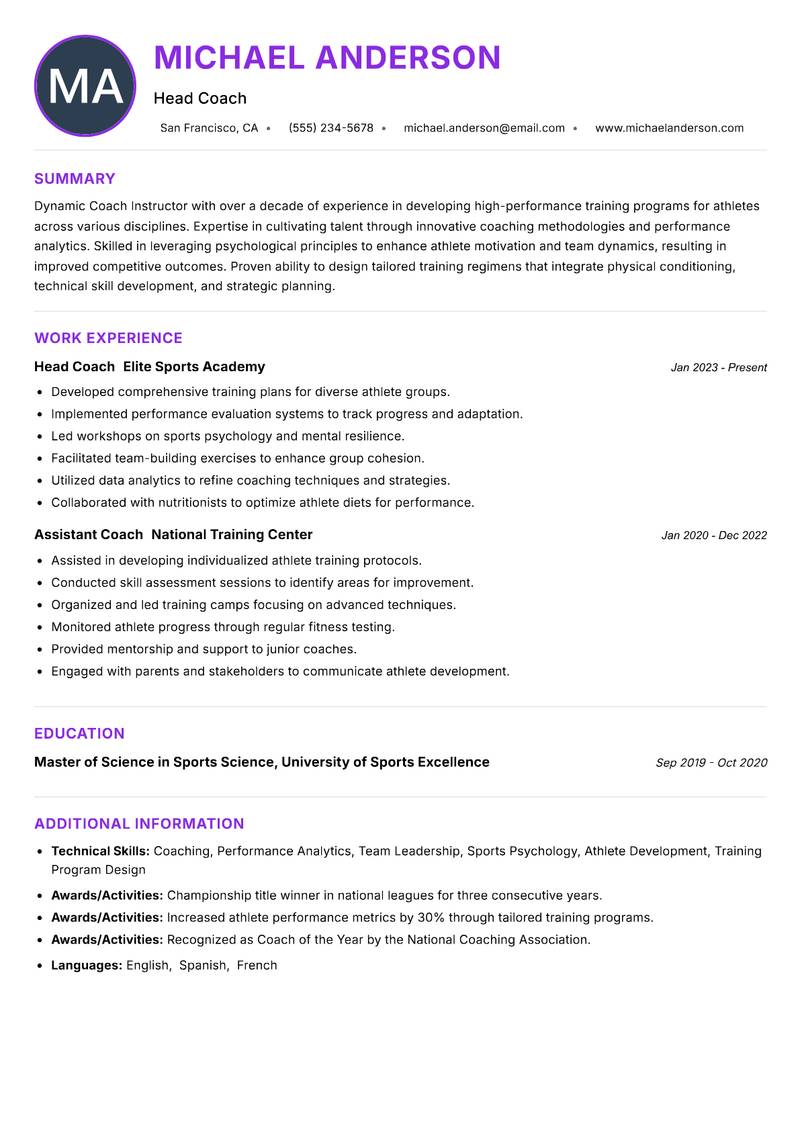 Coach Instructor Resume Preview Example