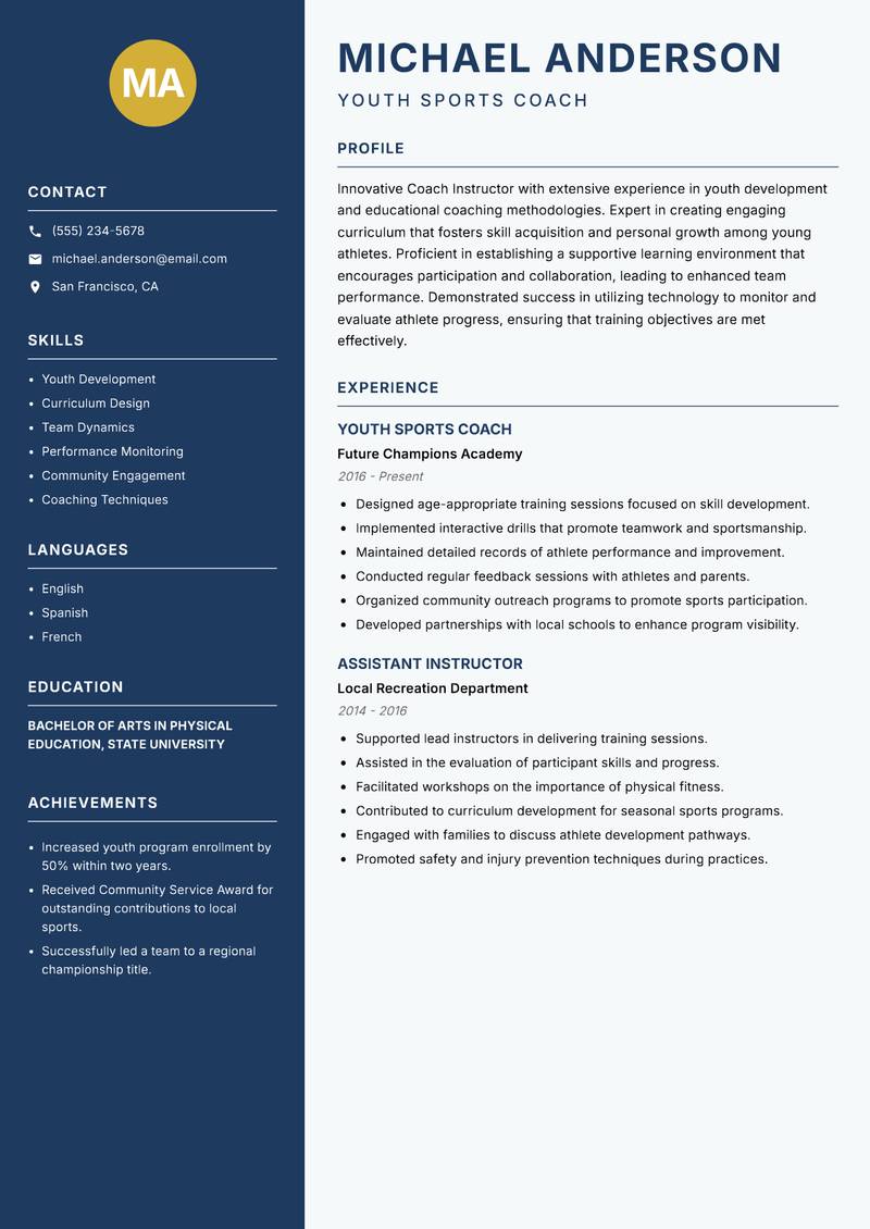 Coach Instructor Resume Preview Example