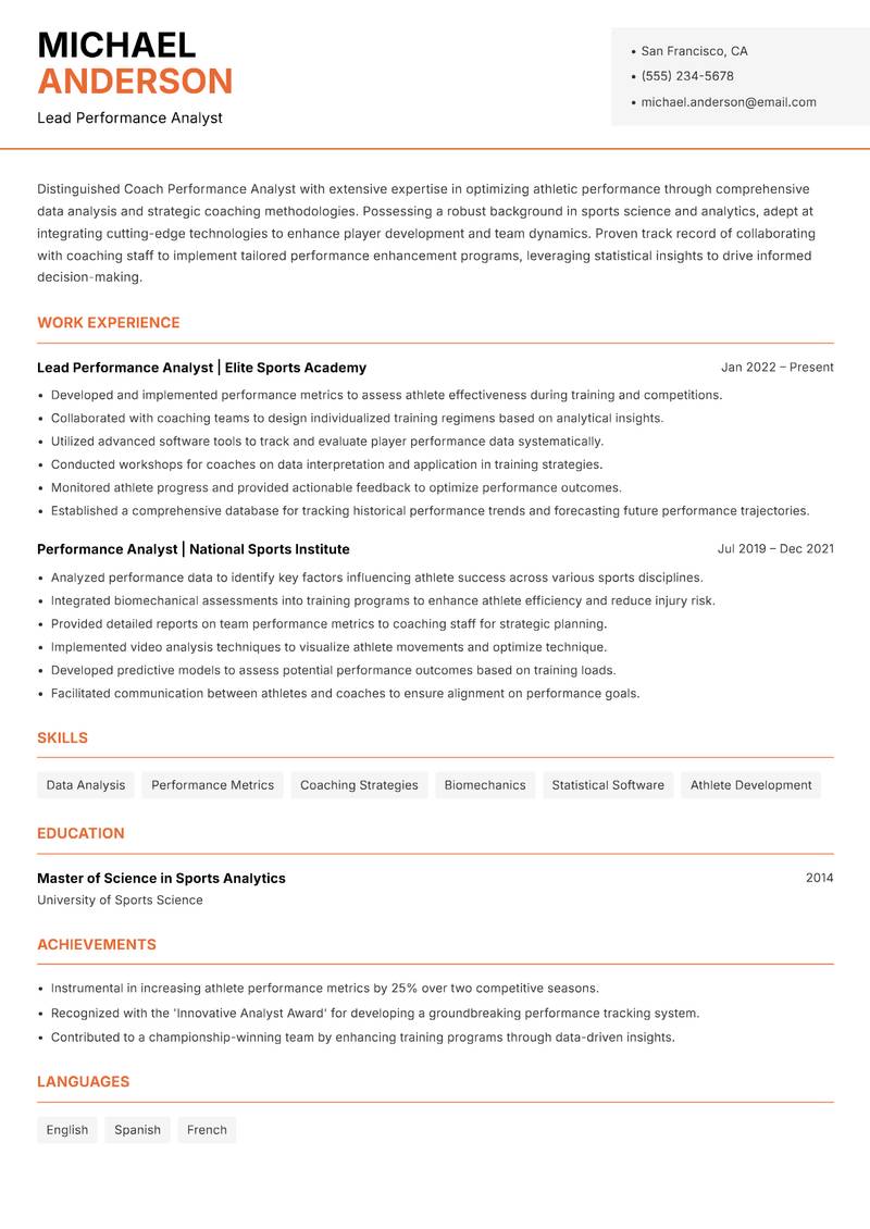 Coach Performance Analyst Resume Template