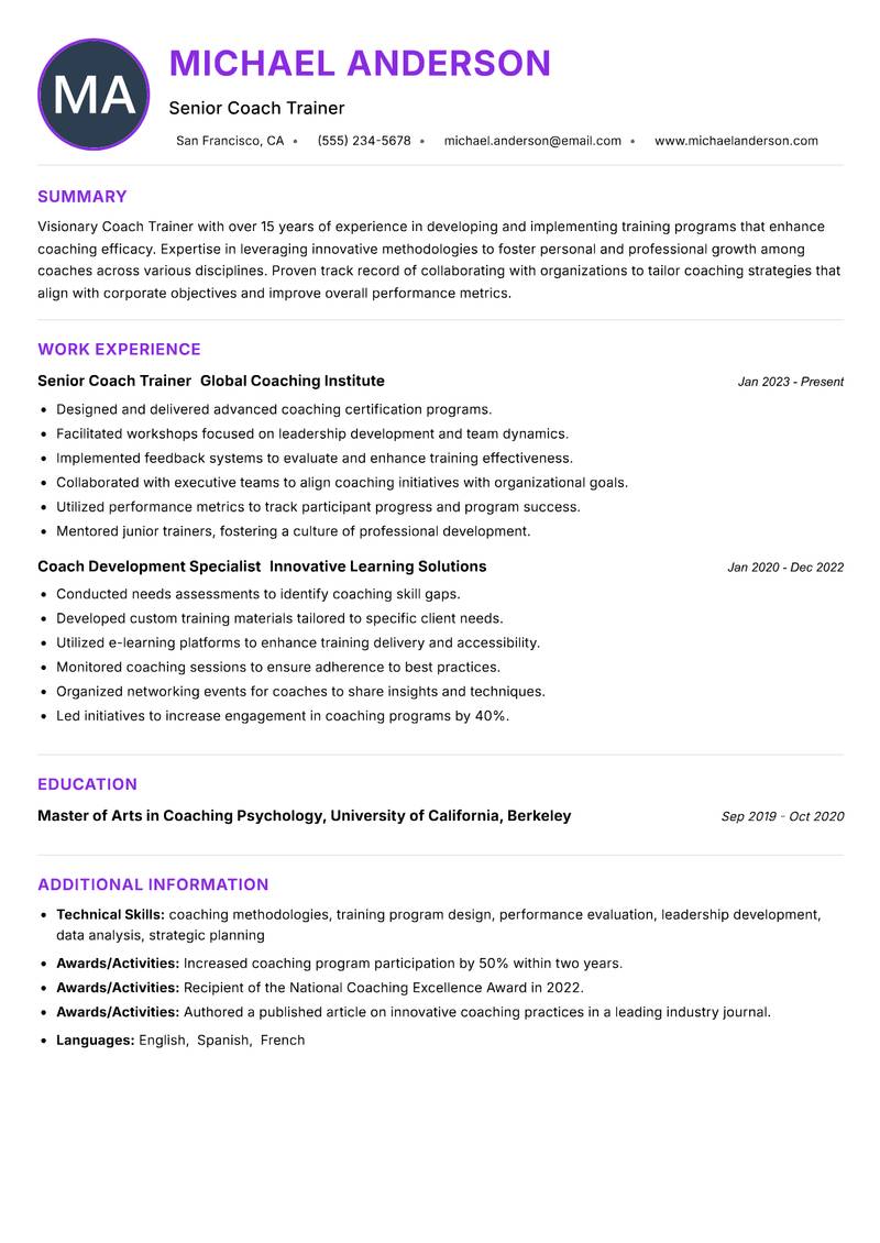 Coach Trainer Resume Preview Example
