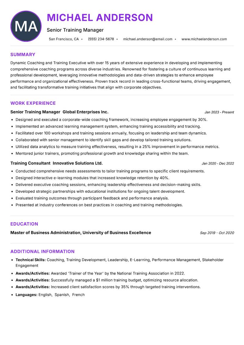 Coaching and Training Executive Resume Preview Example