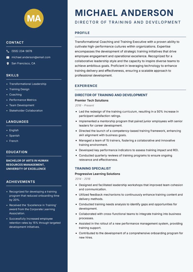 Coaching and Training Executive Resume Preview Example