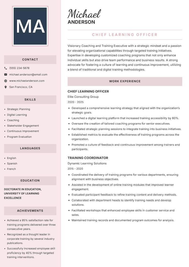Coaching and Training Executive Resume Preview Example