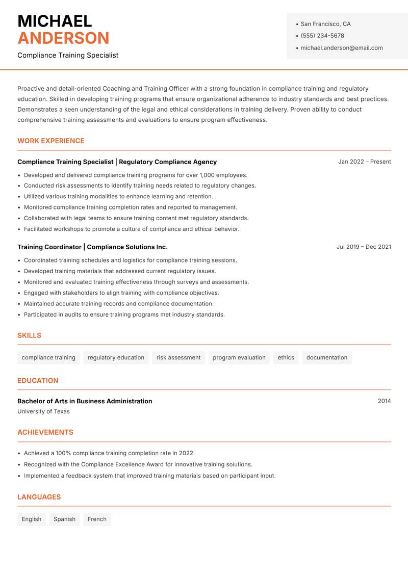 Coaching and Training Officer Resume Template