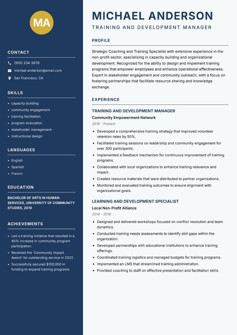 Coaching and Training Specialist Resume Preview Example