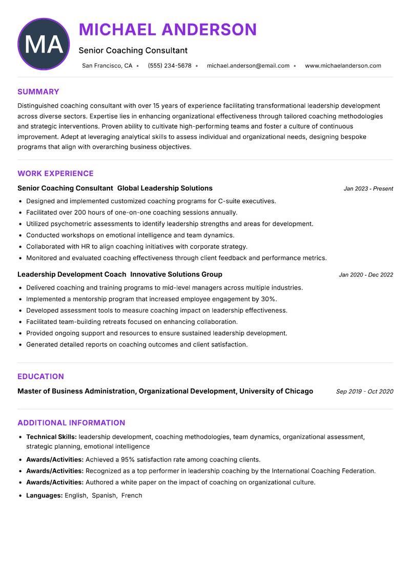Coaching Consultant Resume Preview Example