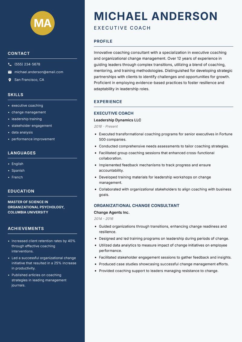 Coaching Consultant Resume Preview Example