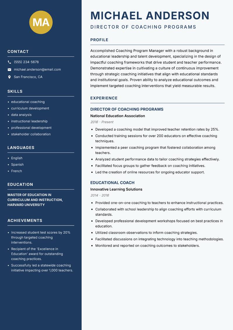 Coaching Program Manager Resume Preview Example