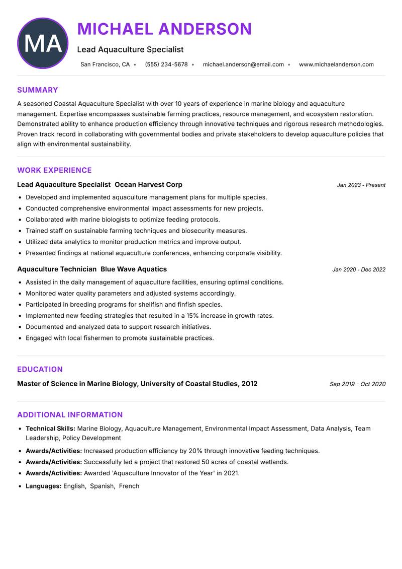 Coastal Aquaculture Specialist Resume Preview Example