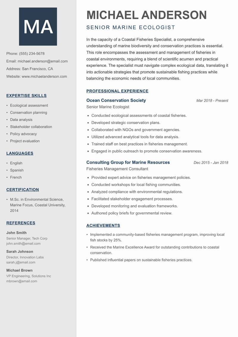 Coastal Fisheries Specialist Resume Preview Example