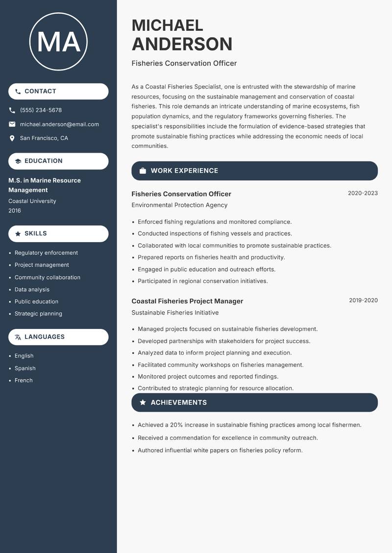 Coastal Fisheries Specialist Resume Preview Example