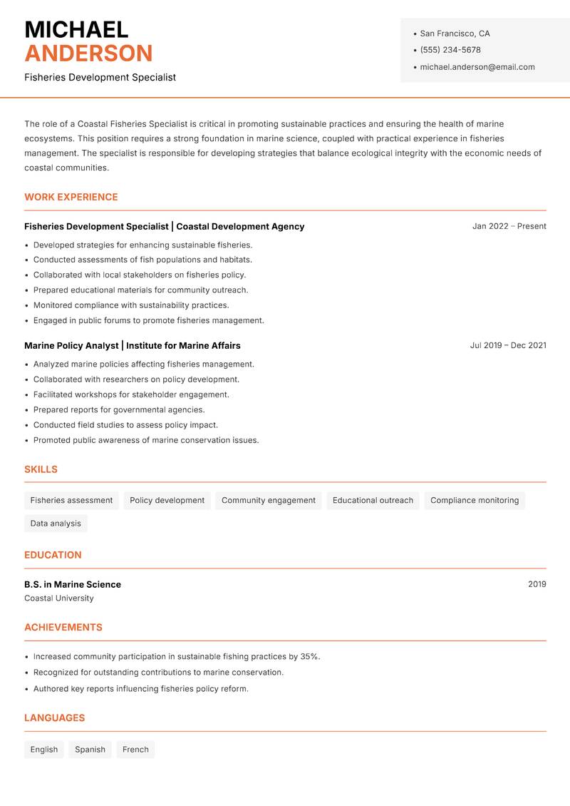 Coastal Fisheries Specialist Resume Template