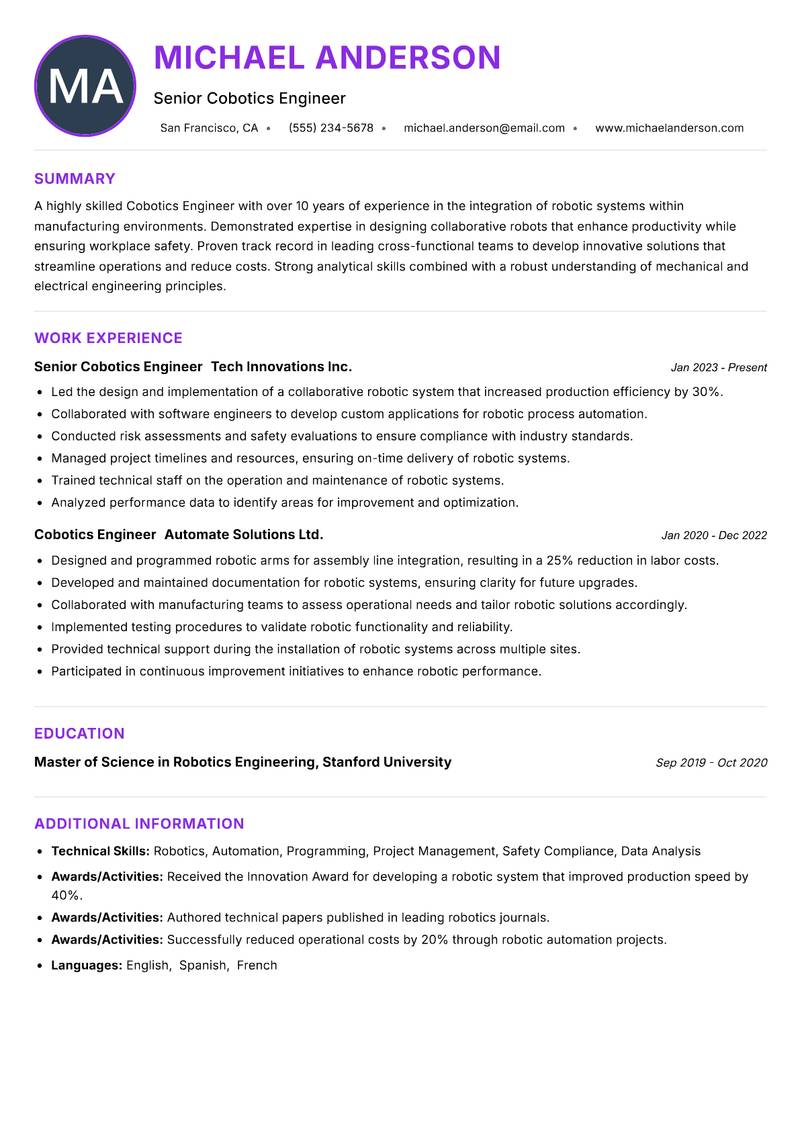 Cobotics Engineer Resume Preview Example