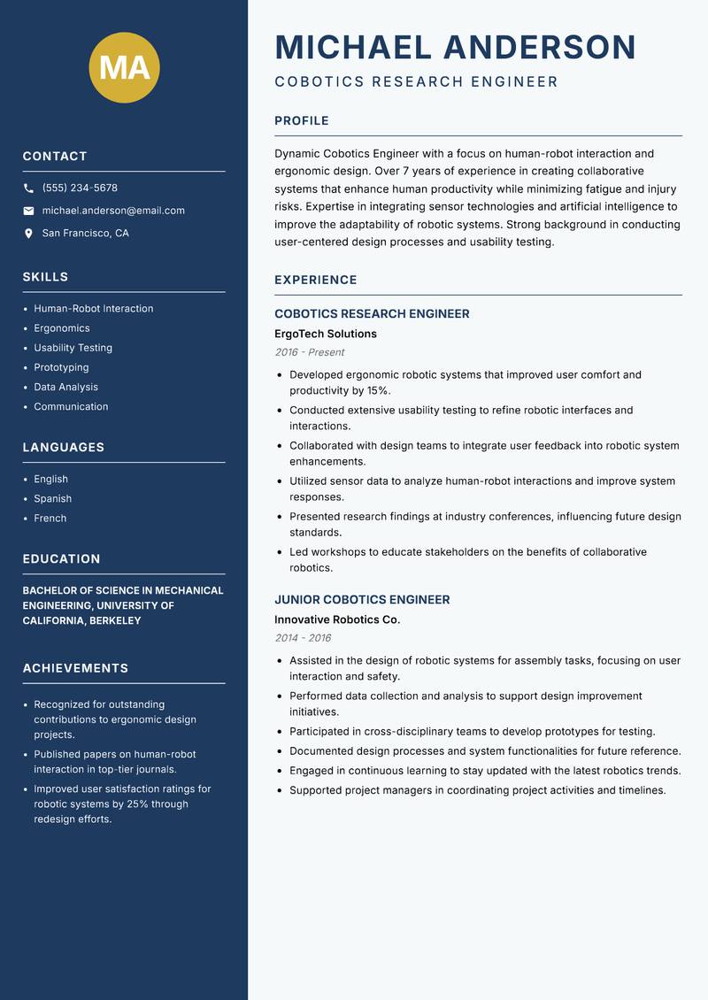 Cobotics Engineer Resume Preview Example