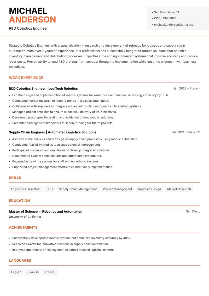 Cobotics Engineer Resume Template