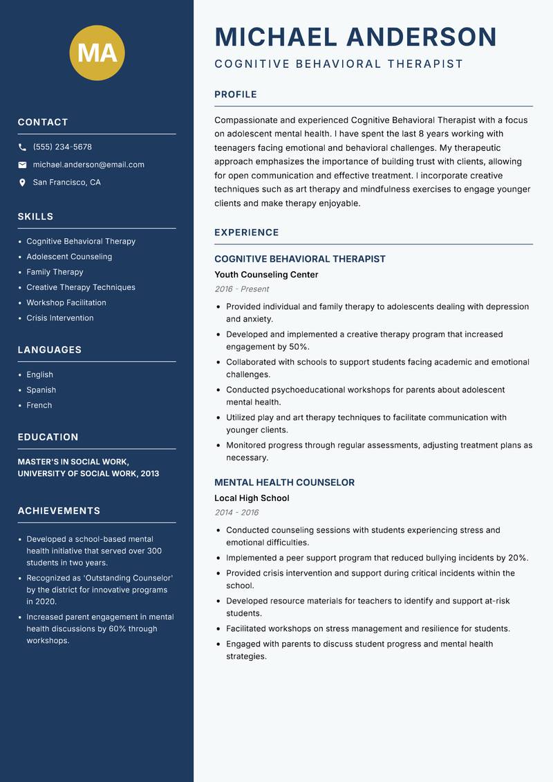 Cognitive Behavioral Therapist Resume Preview Example