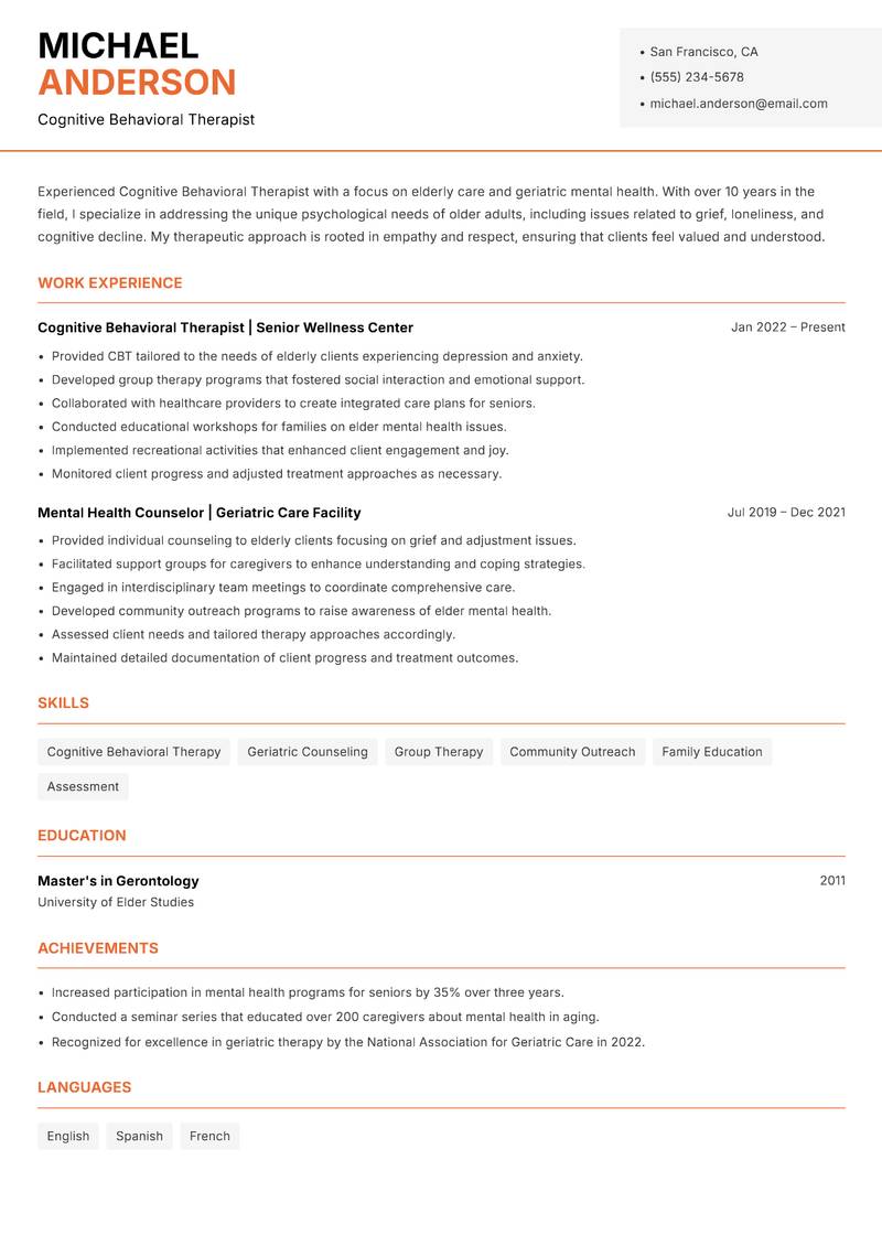 Cognitive Behavioral Therapist Resume Template