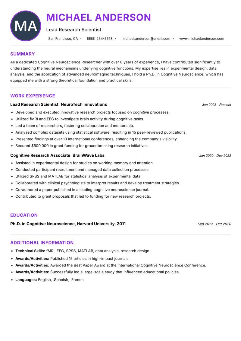 Cognitive Neuroscience Researcher Resume Preview Example