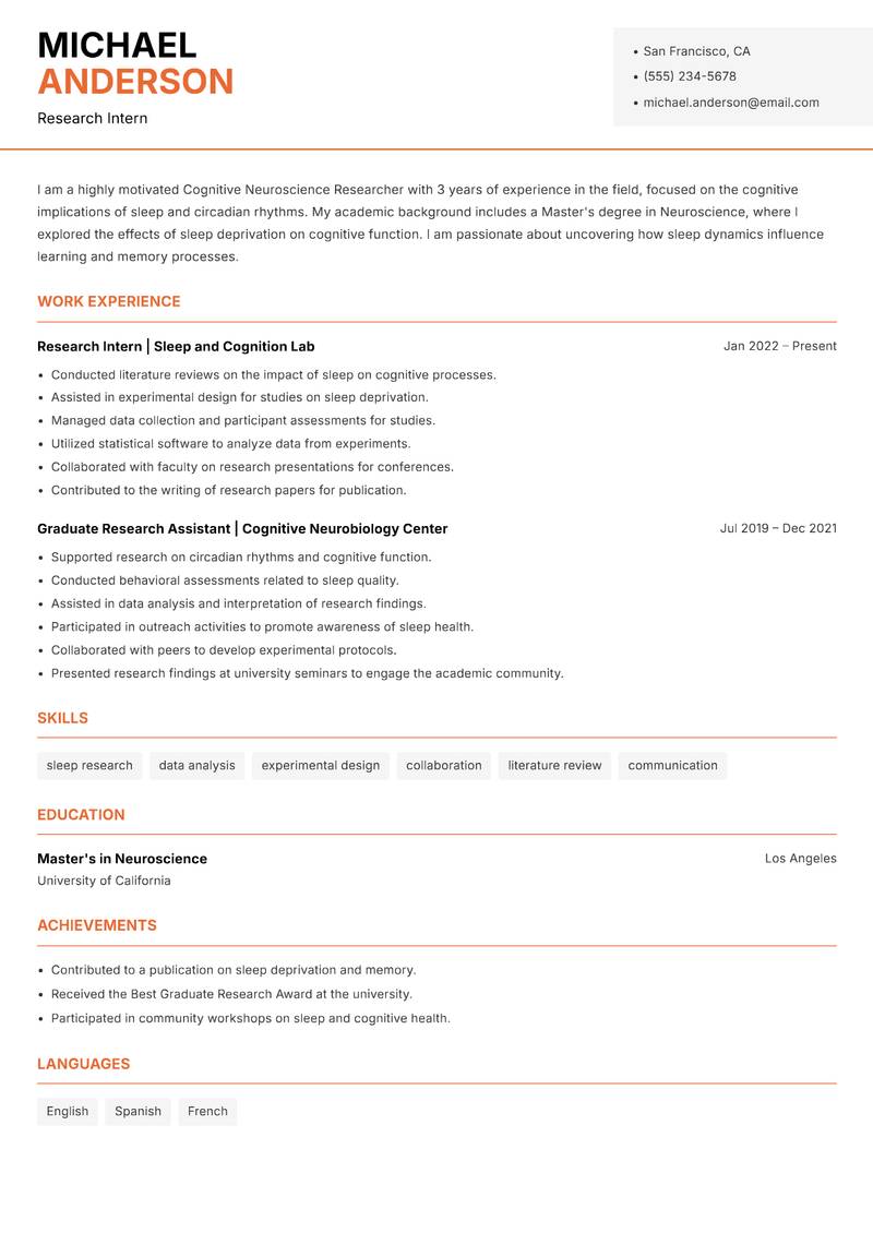 Cognitive Neuroscience Researcher Resume Template