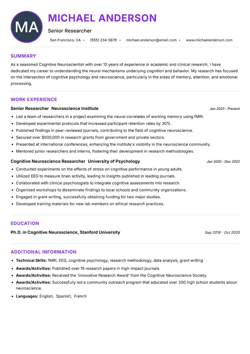Cognitive Neuroscientist Resume Preview Example