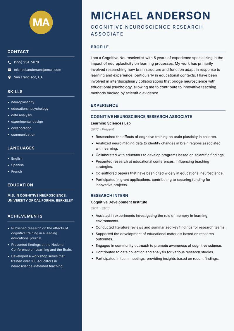 Cognitive Neuroscientist Resume Preview Example
