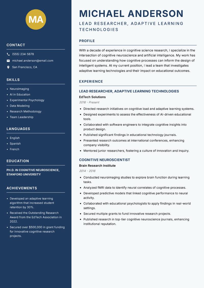 Cognitive Science Researcher Resume Preview Example