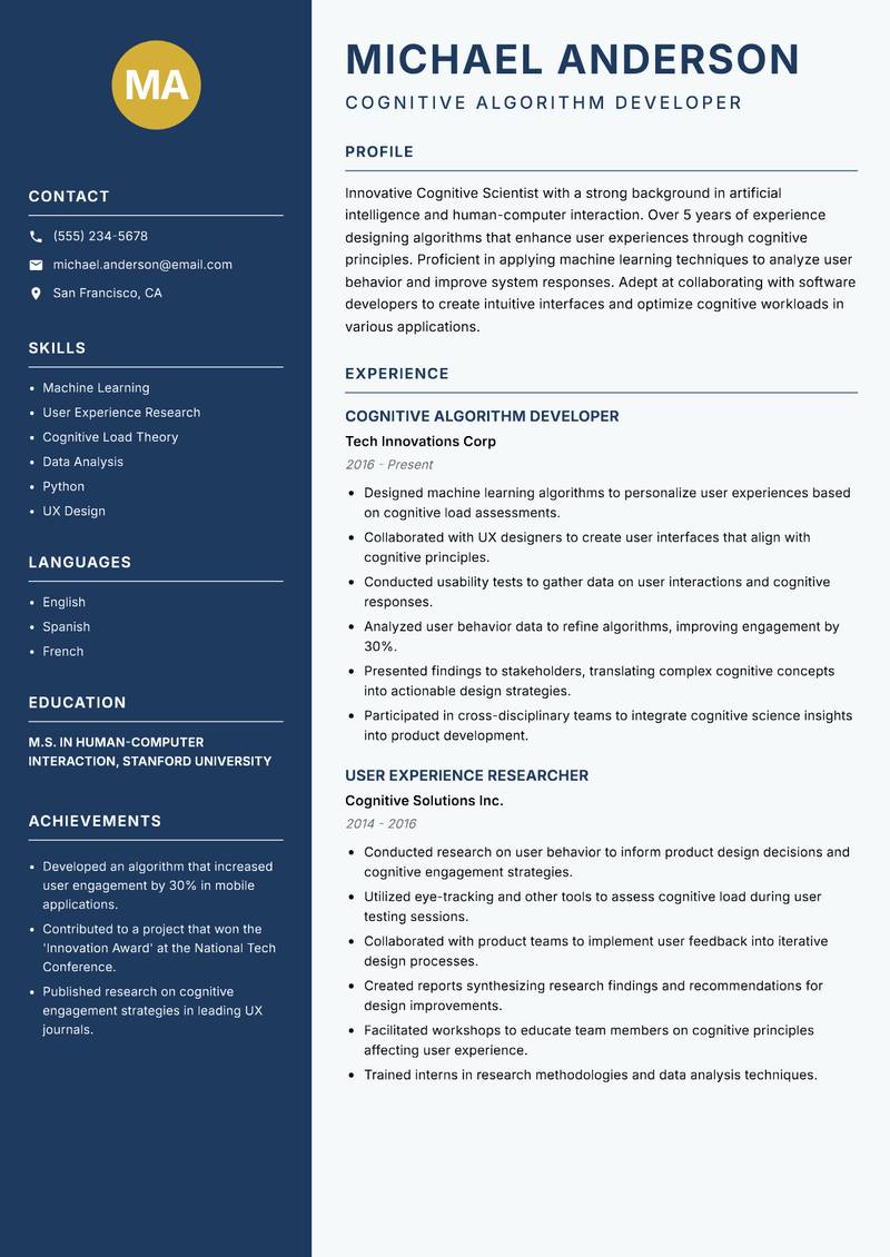 Cognitive Scientist Resume Preview Example