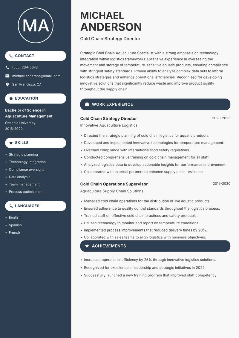 Cold Chain Aquaculture Specialist Resume Preview Example