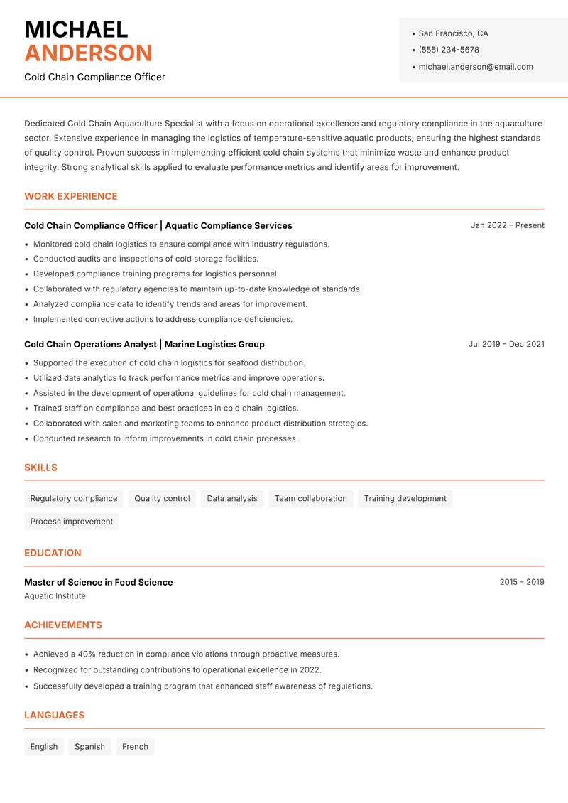 Cold Chain Aquaculture Specialist Resume Template