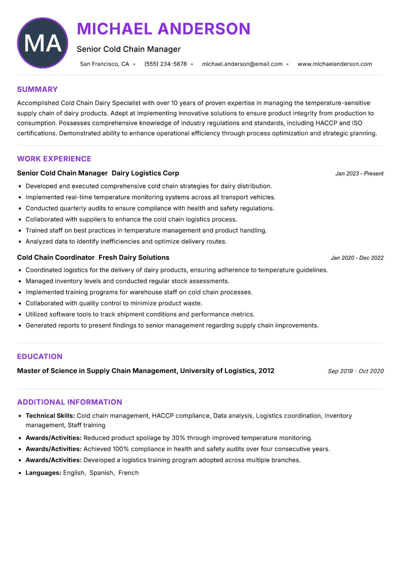 Cold Chain Dairy Specialist Resume Preview Example