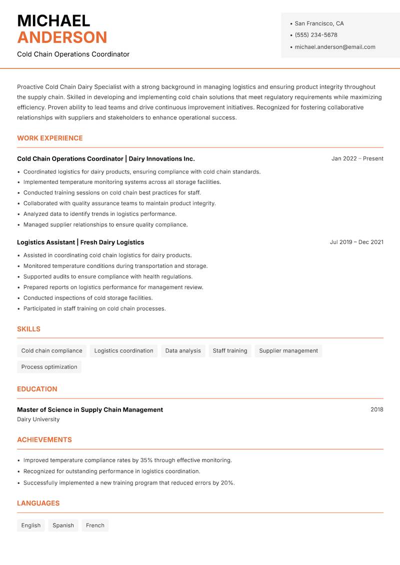 Cold Chain Dairy Specialist Resume Template