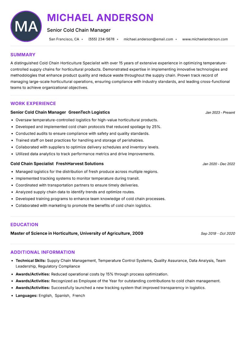 Cold Chain Horticulture Specialist Resume Preview Example