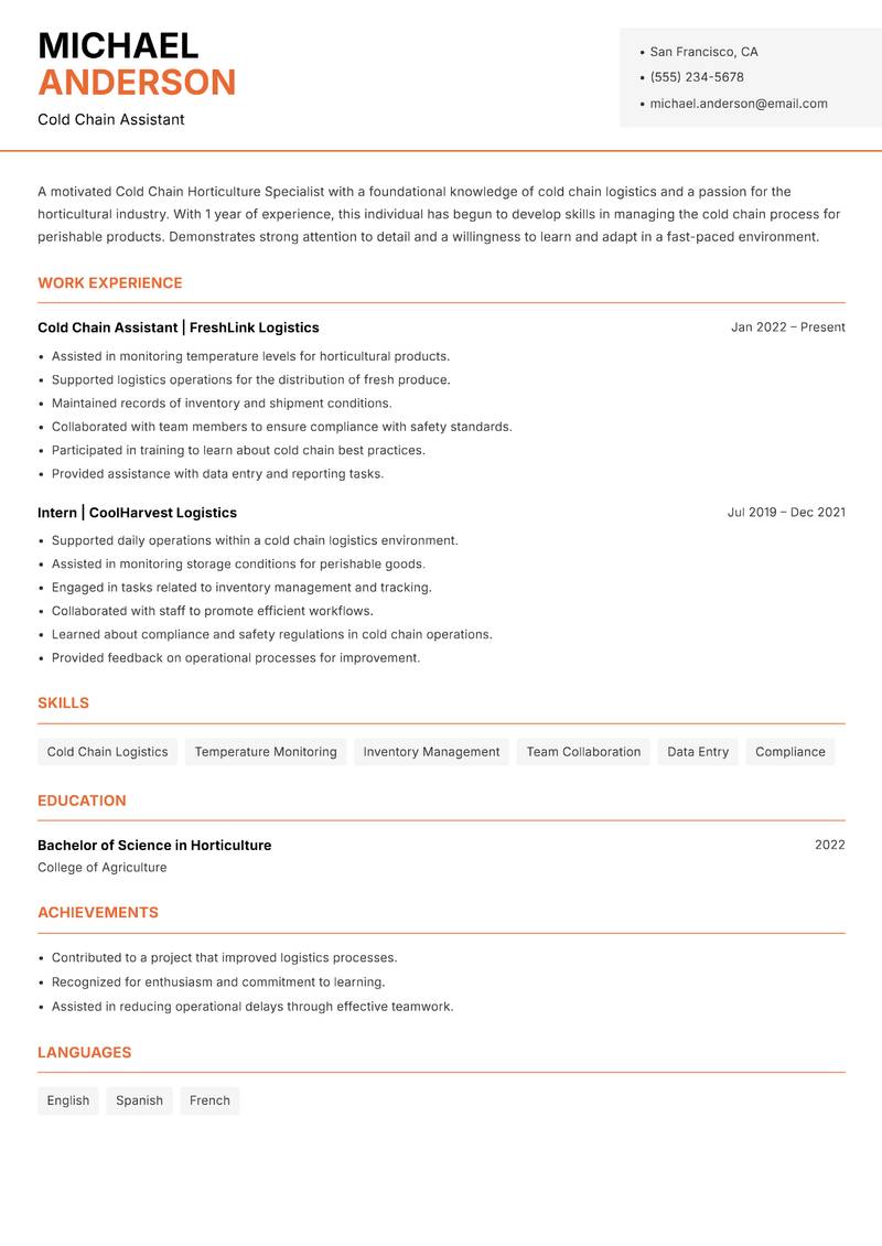 Cold Chain Horticulture Specialist Resume Template